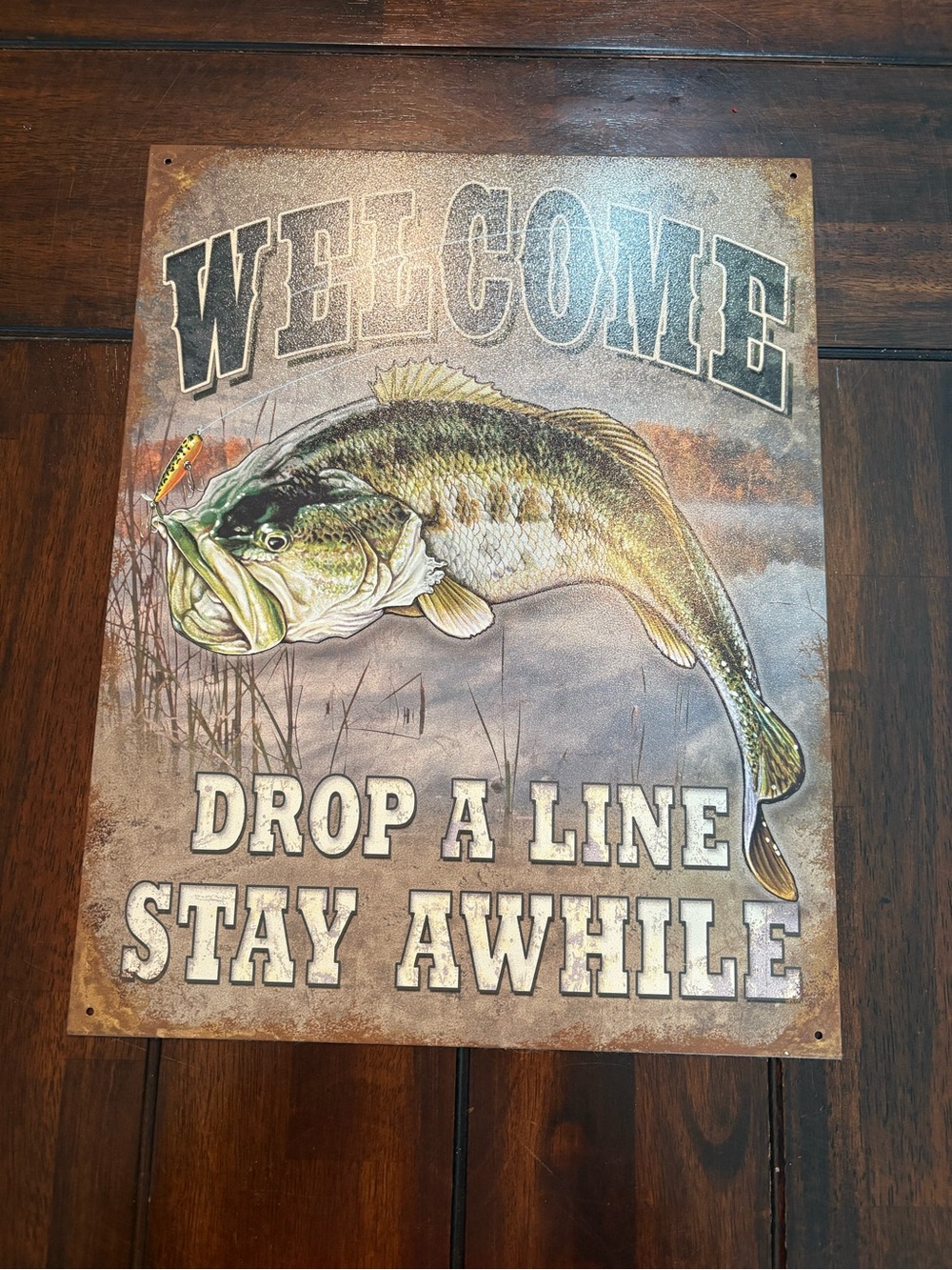 Welcome Fish Wall Sign - Green and Tan Largemouth Bass 12x16”